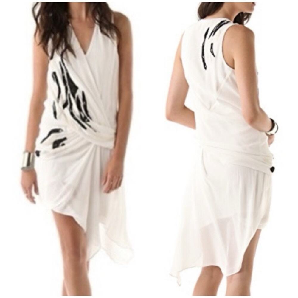 Y2K Helmut Lang Cream Silk Asymmetrical Draped Dress Embroidered Vintage Size 4